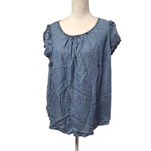 LC‎ Lauren Conrad Blouse Lace Cap Sleeves Blue Denim Womens XL Tie Back Country